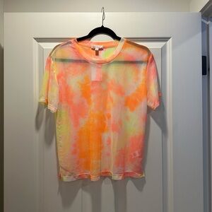 NWT Socialite Tie Dye Sheer Crew Neck T-Shirt, Pink/Orange/Yellow, Size Small
